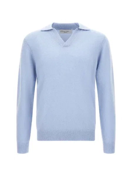 Lung tricou polo Larmeri Studio din cașmir albastru