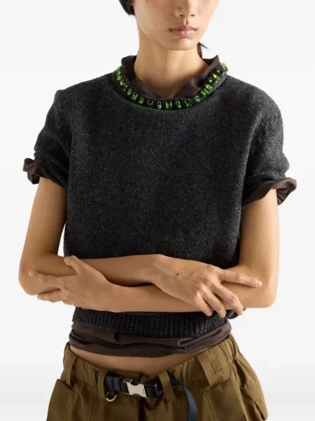 Tricou Prada tricotate de cristal gri