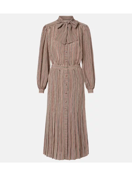 Jedwabna sukienka midi Valentino w paski do kolan brązowa