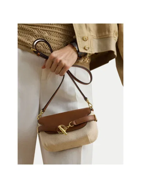 Torba na ramię z płótna z detalem paska Lauren Ralph Lauren beżowa