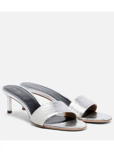 Papuci tip mules Tom Ford din piele argintiu