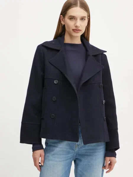 The Kooples płaszcz wełniany przejściowy dwurzędowy granatowy