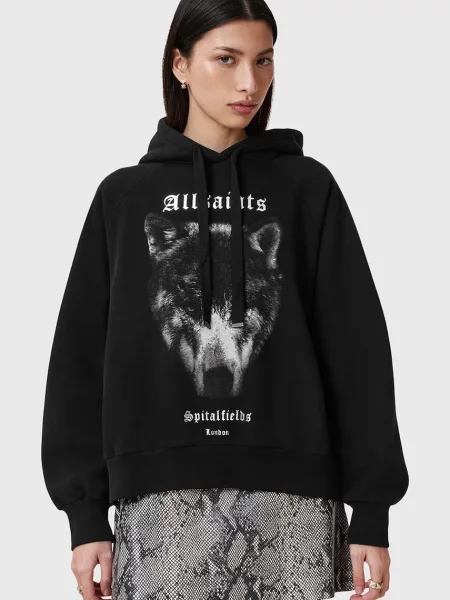 Суичър с качулка Allsaints с качулка с принт черно