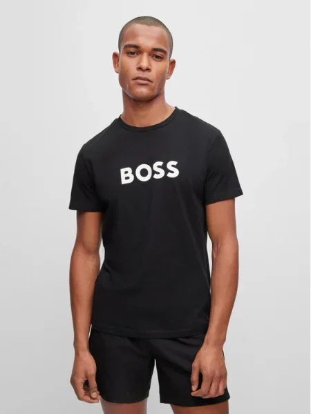 Плажна тениска BOSS с десен черно