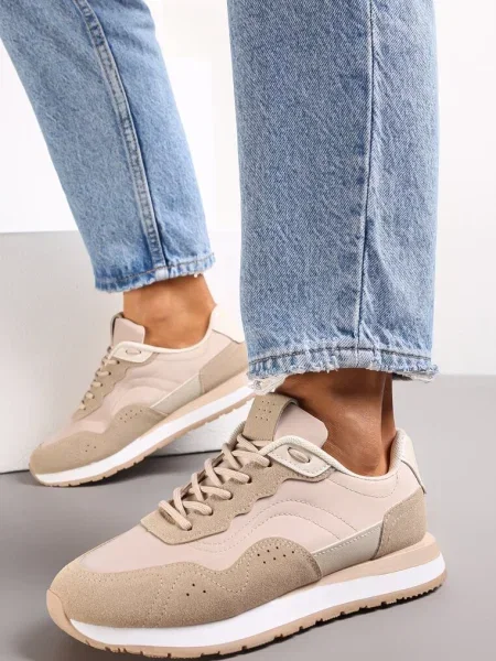 Sneakerși închis Fayela cu inserții din imitație de piele bej