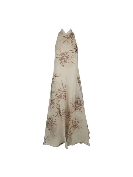 Wielobarwność sukienka maxi Brunello Cucinelli z organzy z dekoltem halter beżowa