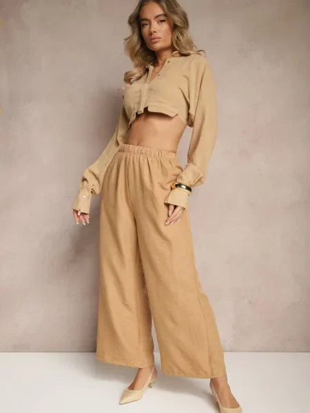 Ciemnobeżowe Spodnie Typu Palazzo High Waist o Szerokim Kroju Arathira beżowe