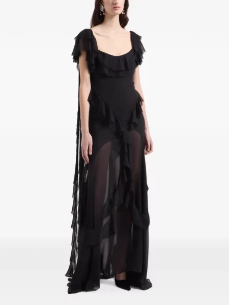 Rochie maxi Nina Ricci de mătase cu volane negru