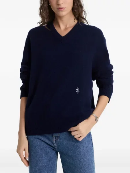 Pulover Sporty & Rich cu broderie cu decolteu în V albastru