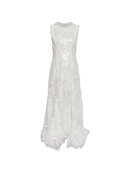 Rochie midi Self-portrait cu pene din dantelă alb