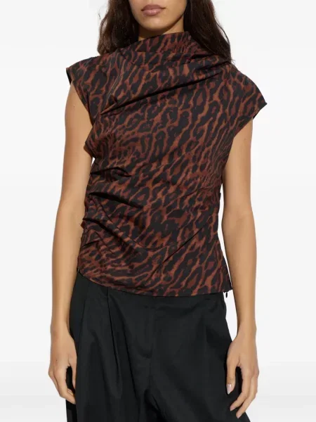 Top Ganni cu imagine cu model leopard drapat maro