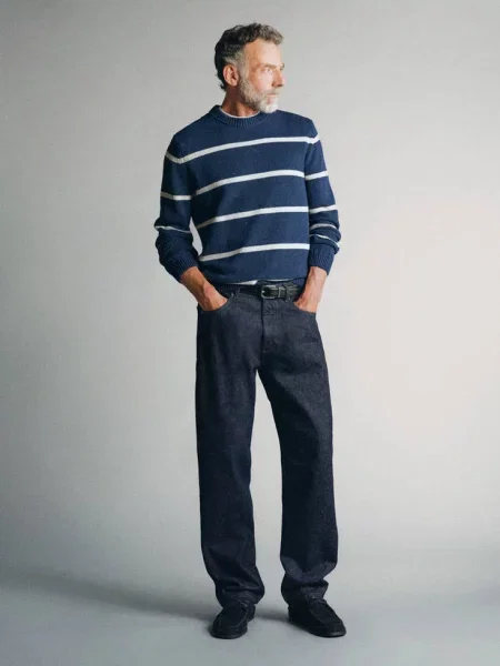 Sweter w paski z przędzy Pinori Filati indygo Mężczyzna XXL MANGO MAN niebieski
