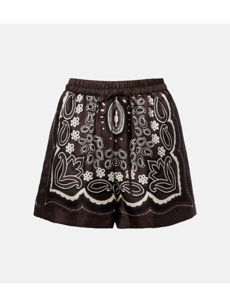 Pantaloni scurți Nili Lotan de mătase cu imagine maro