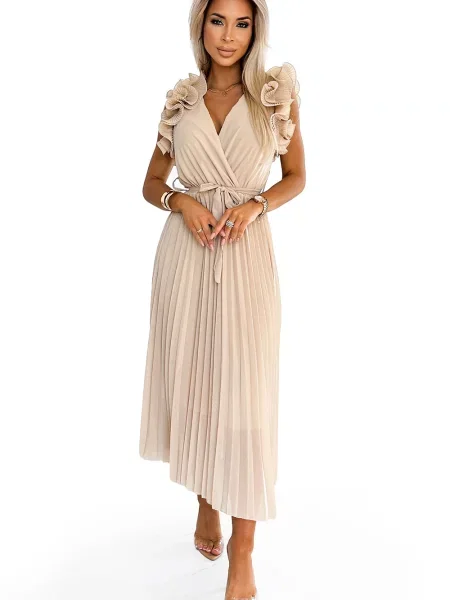 Rochie midi Numoco din șifon cu volane plisată bej
