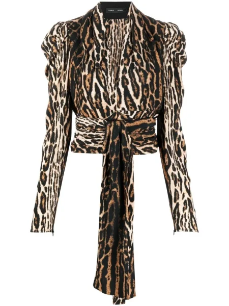 Top Proenza Schouler cu model leopard cu decolteu în V din crep maro