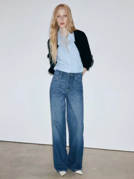 Jeansy Danila wide leg z wysokim stanem Kobieta 34 MANGO ciemnoniebieski