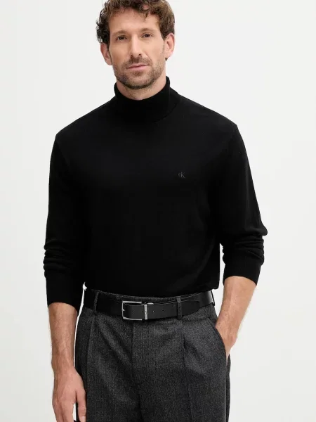 Calvin Klein sweter wełniany lekki z golferm czarny