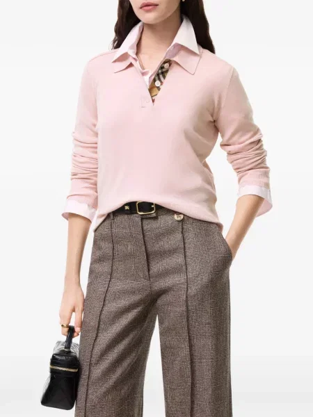 Lung tricou polo Burberry de lână roz