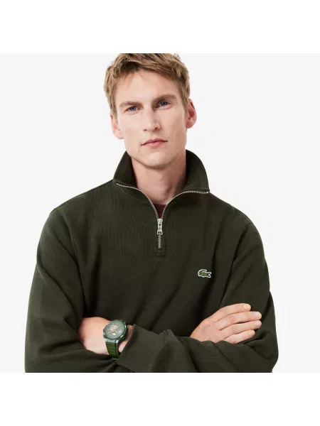 Lacoste Bluza Interlock Z Wysokim Kołnierzem I Zamkiem Błyskawicznym zielona