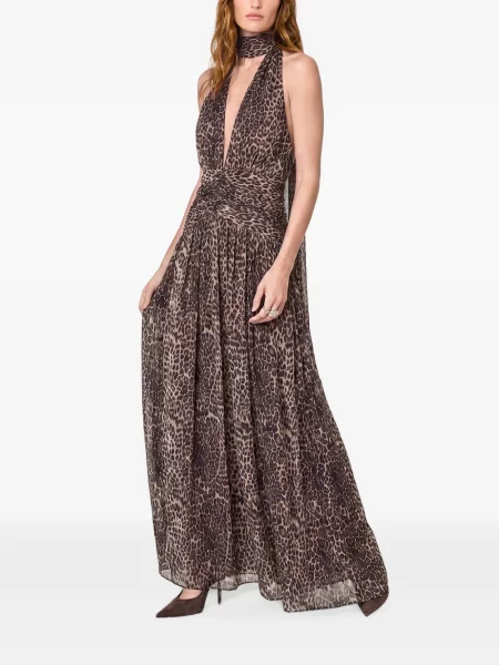 Rochie maxi Nicholas cu imagine cu model leopard cu gât halter maro