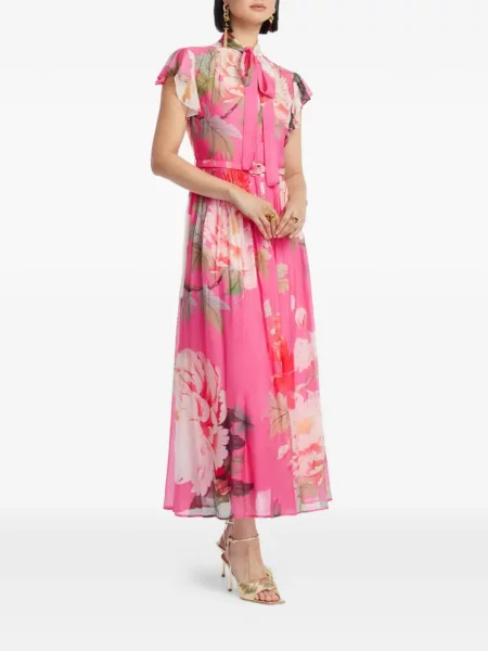 Rochie midi Leo Lin cu model floral cu volane până la genunchi roz