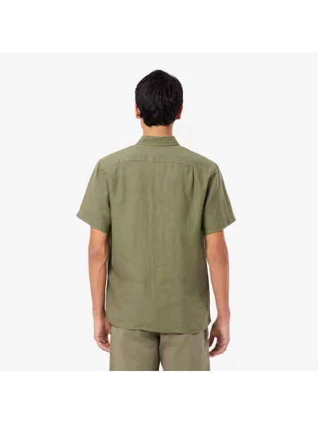 Lacoste Lniana Koszula Button-Down Z Krótkim Rękawem Regular Fit Khaki zielony