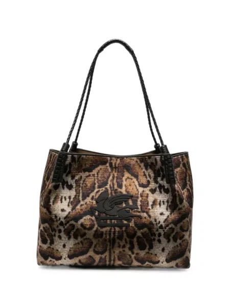 Geantă shopper Etro de catifea cu imagine cu model leopard maro
