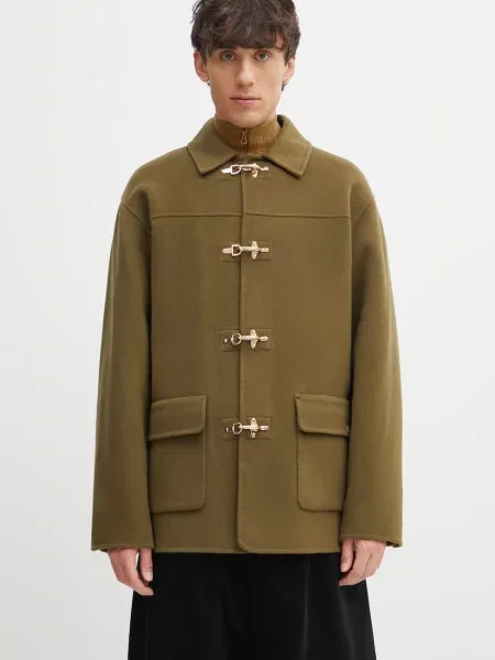 Drôle de Monsieur płaszcz z dodatkiem wełny La Veste Caban zielony