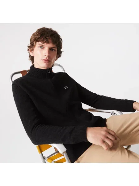 Kardigan Lacoste wełniany z wysokim kołnierzem szary