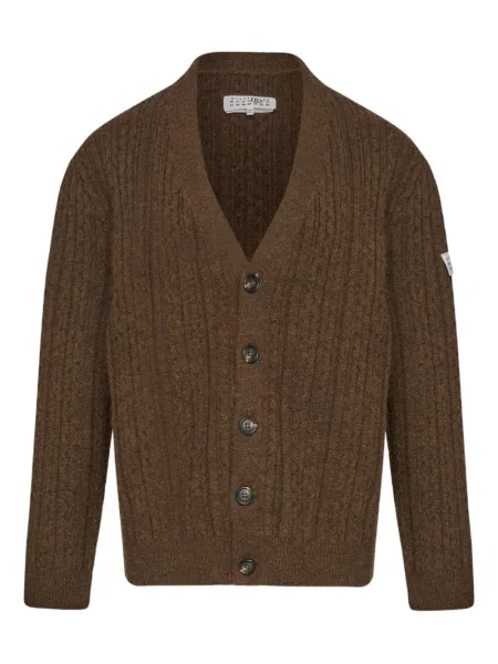 Kardigan Mm6 Maison Margiela z dekoltem w serek prążkowany brązowy