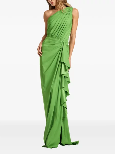 Rochie maxi Tadashi Shoji cu volane cu un umăr gol verde