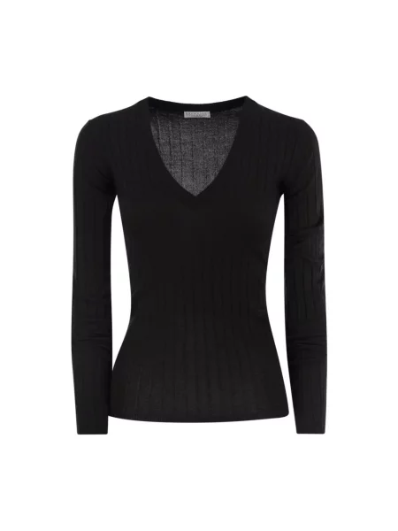 Sweter z dekoltem w serek Brunello Cucinelli z długim rękawem ze sznurkiem czarny