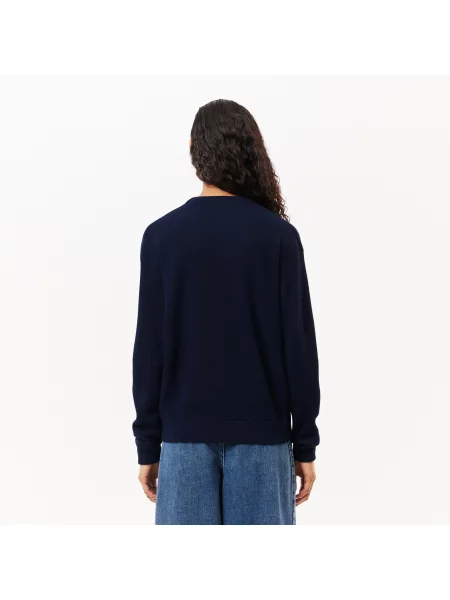 Lacoste Wełniany Sweter Z Dekoltem W Kształcie Litery V granatowy