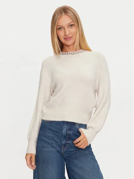 Sweter z dzianiny o kroju regular fit z obszyciem ozdobnymi kamieniami model ‘ELSA’ Only beżowy