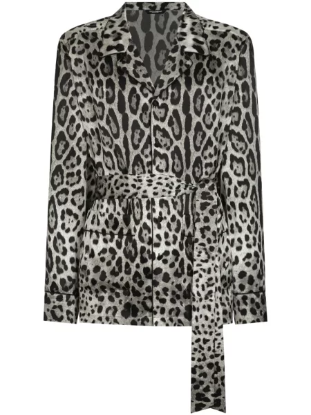 Копринена риза Dolce & Gabbana с принт с леопардов принт черно