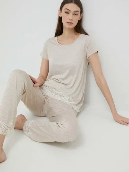 Горнище на пижама с къси ръкави United Colors of Benetton бежово