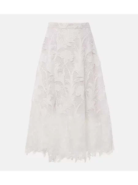 Fustă midi Oscar De La Renta cu model floral din dantelă până la genunchi alb