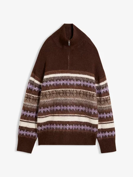 Długi sweter we wzór Fair Isle brązowy