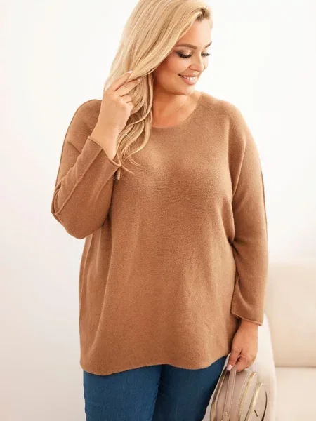 Kesi Włoski Dámsky sveter plus size s lodičkovým výstrihom camelový modrá