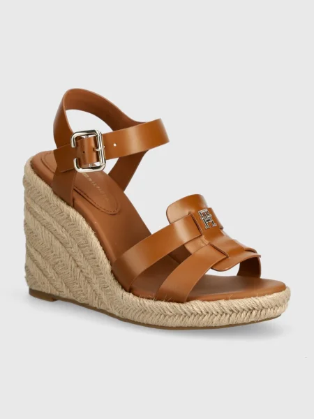 Кожени сандали Tommy Hilfiger ESPADRILLE HIGH WEDGE LEATHER кафяво