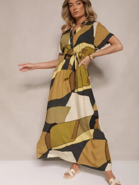 Sukienka Koszulowa z w Geometryczny Print Falintia zielona