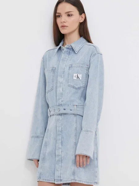 Sukienka jeansowa z w talii Calvin Klein Jeans niebieska