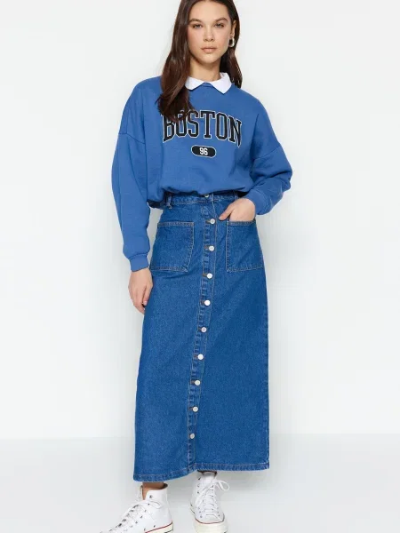 Spódnica jeansowa Trendyol z wysoką talią niebieska