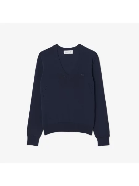 Lacoste Sweter Bezszwowy Z Dekoltem W Szpic granatowy