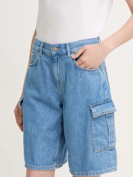 Дънков къс панталон Pepe Jeans RELAXED SHORT HW WORKER кафяво с изчистен дизайн с висока талия синьо