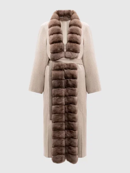 Пальто на запах з кашеміру з хутром соболя з шліцами Malamati бежеве