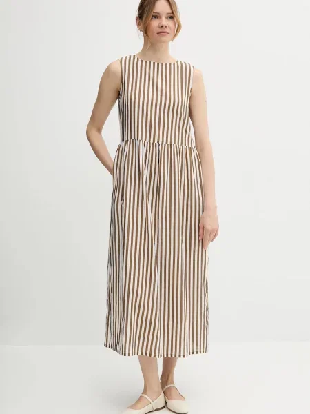 United Colors of Benetton sukienka z domieszką lnu maxi rozkloszowana brązowy