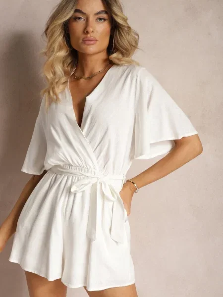 Salopetă din cu Decolteu Petrecut și Talia Înnodată Vikly albă