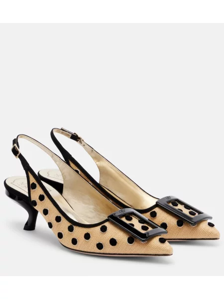 Pantofi cu toc Roger Vivier cu buline slingback din canvas bej