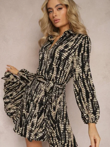 Koszulowa Sukienka Mini z Falbanką i Wiązanym Anagal czarna